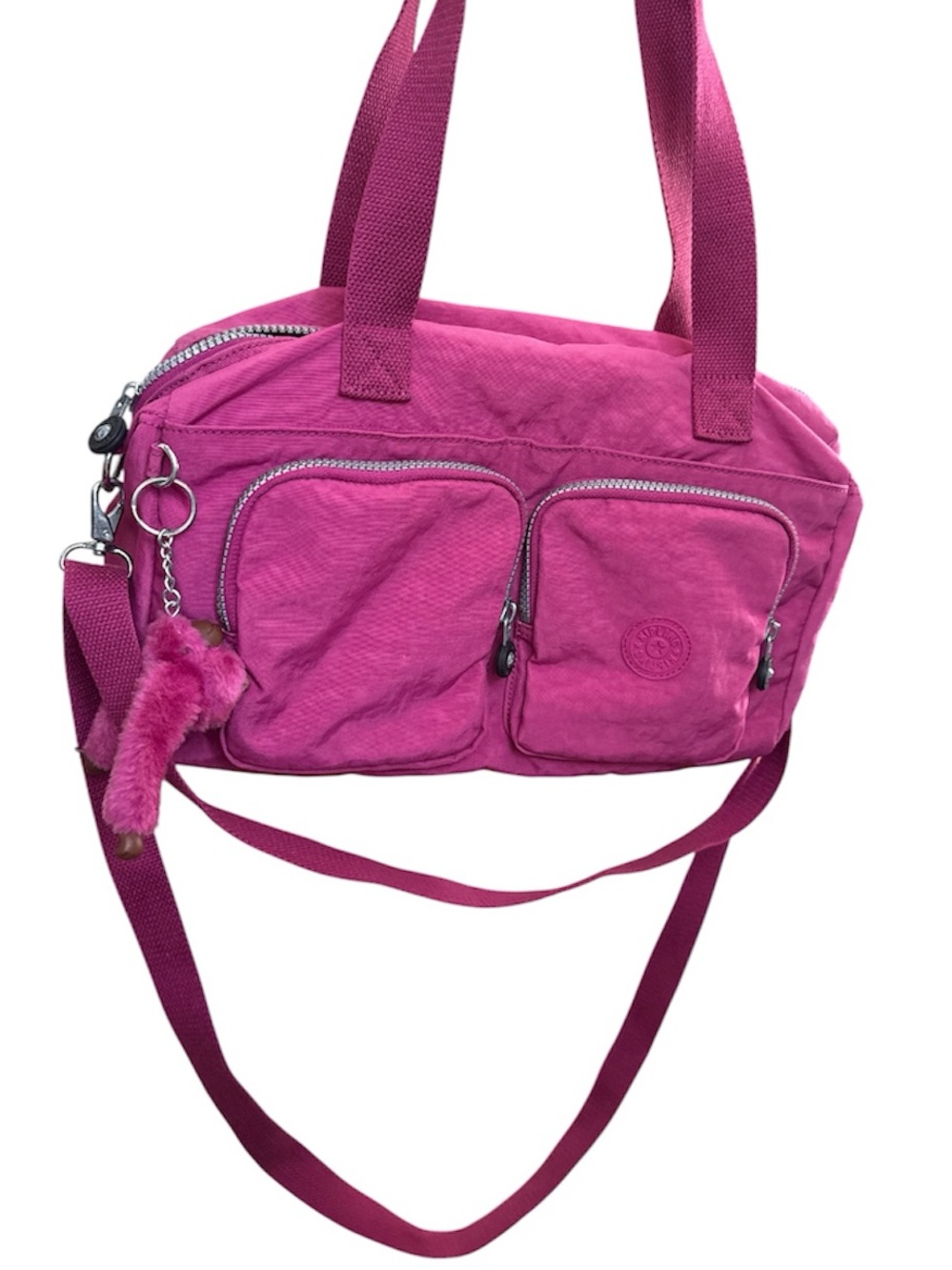 Kipling Pink Crinkle Nylon Multi-Way Shoulder Bag with Monkey Keychain